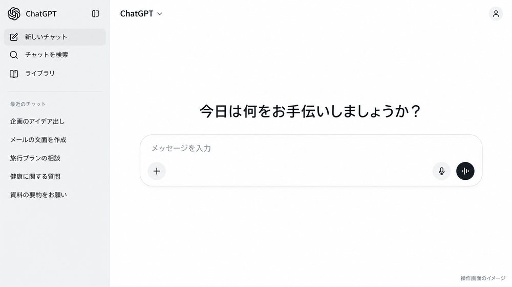 ChatGPTの画面イメージ。メッセージを入力する欄と、これまでの会話の一覧が並んでいる