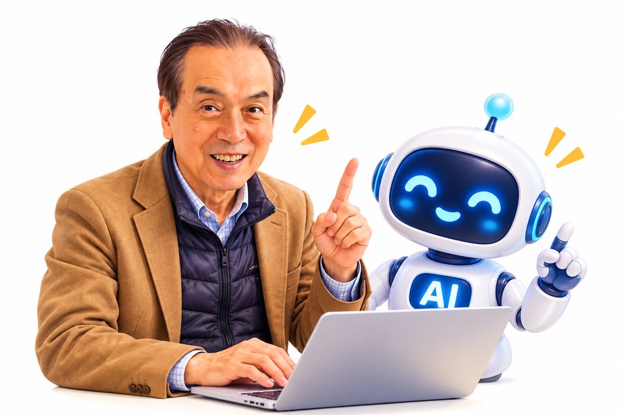 動画で解説する「ボブ先生」とAIロボットのイメージイラスト