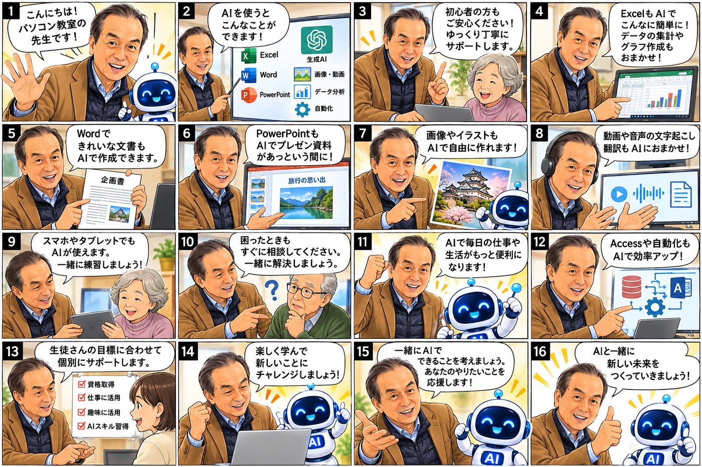 ボブ先生がAIでできることを紹介する16コマのイラスト（Excel・Word・PowerPoint・画像作成・文字起こしなど）