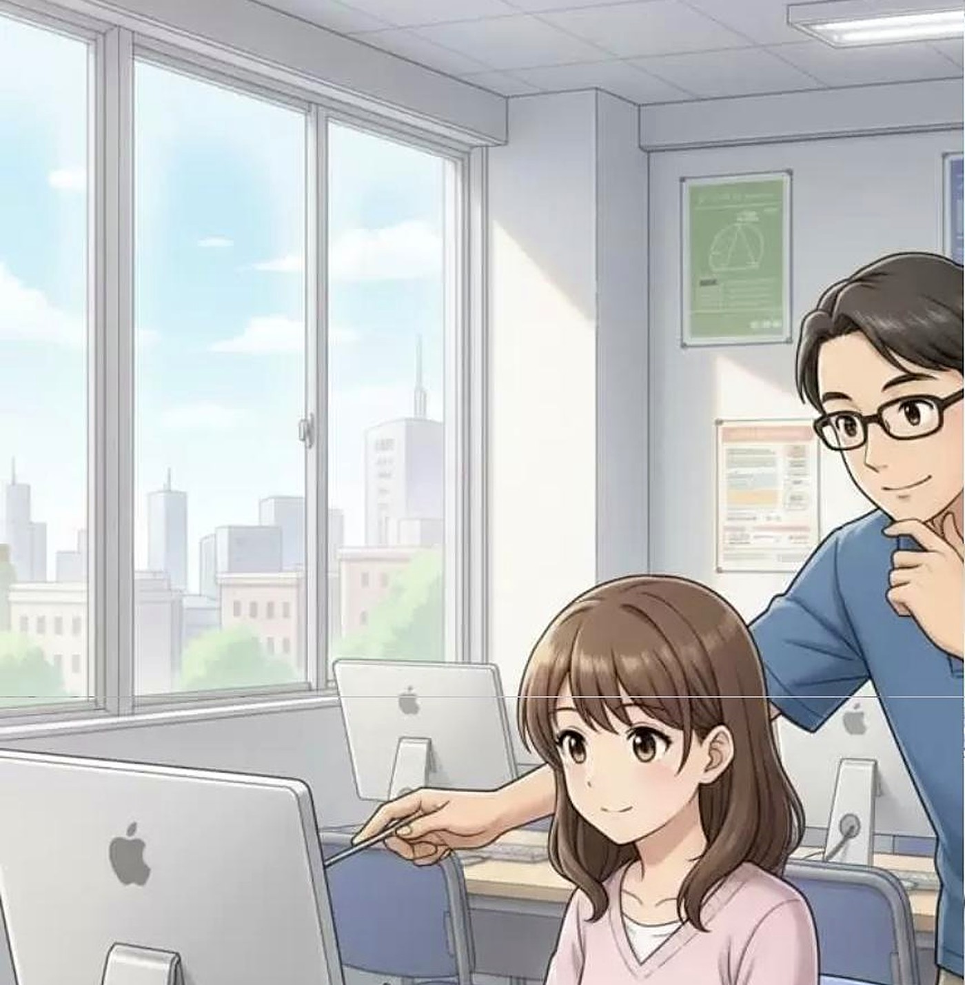 講師が生徒のパソコン画面を見ながら、隣について教えている様子のイラスト